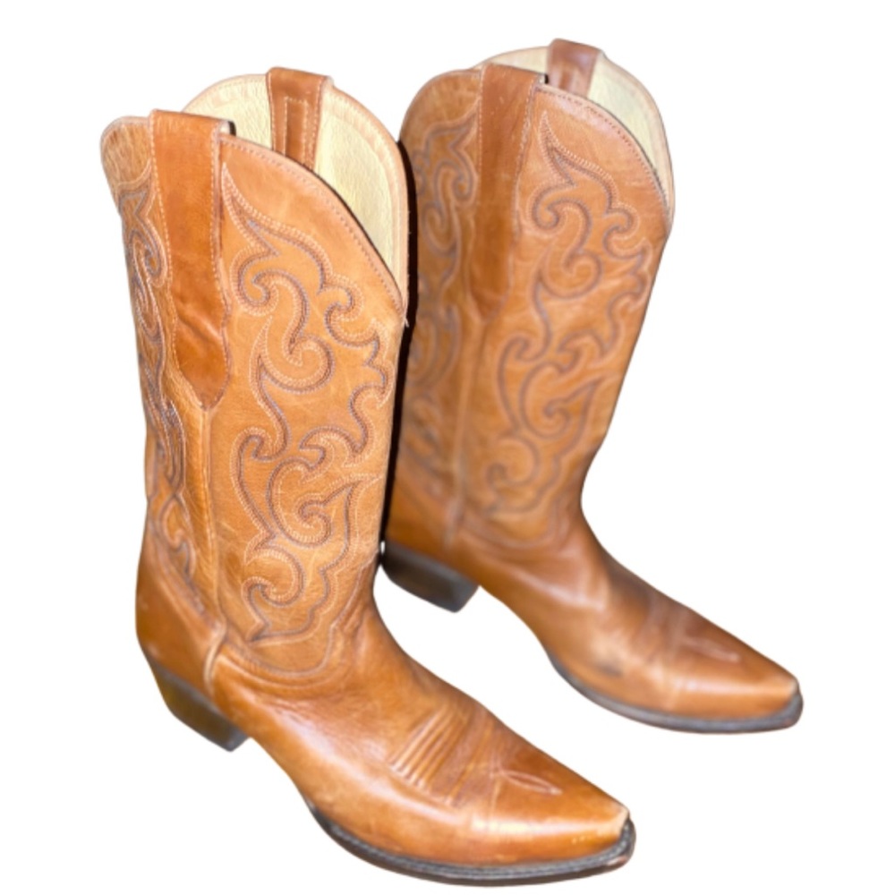 CAVENDER’s Cowboy Cowgirl Brown Leather Boots Turquoise Threading Sz 7.5 B